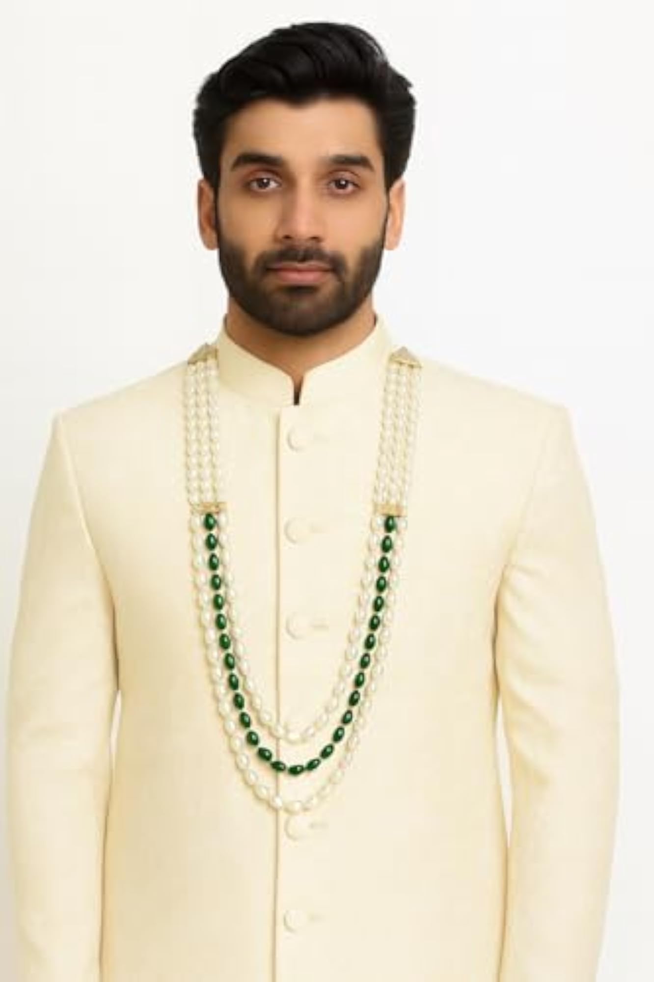 3 Layered Traditional Gold Plated Dulha Moti Mala Necklace for Men